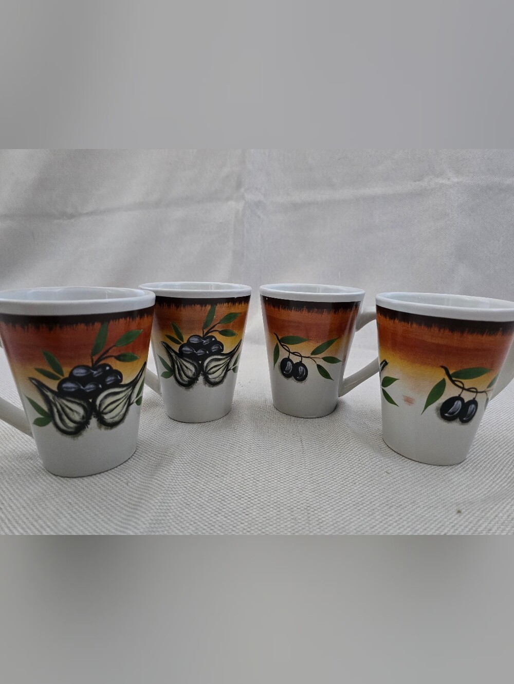 Set of 4 Tuscan Inspired Olive Pattern Ceramic Mugs - NIB